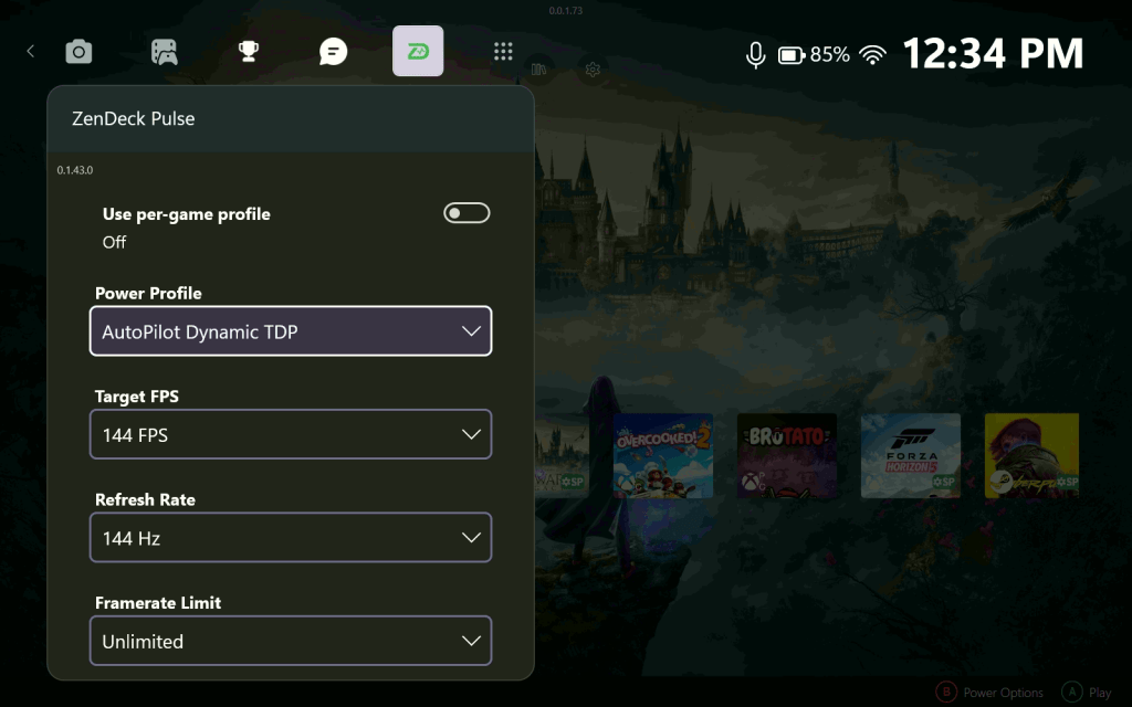 ZenDeck Pulse widget inside Xbox Game Bar with AutoPilot Dynamic TDP selected as the active power profile.
