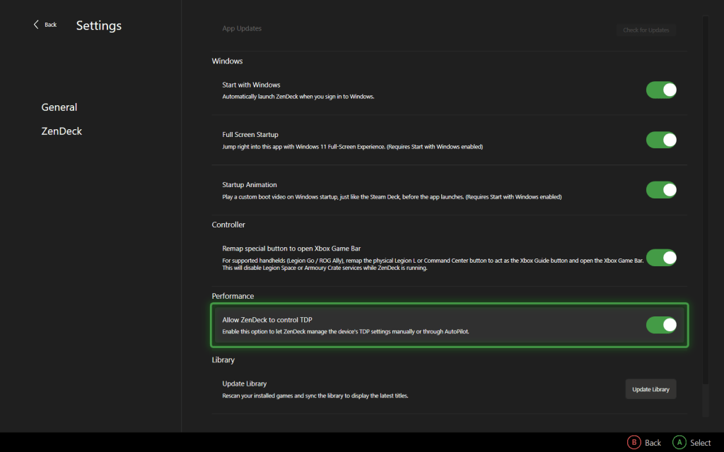 ZenDeck settings screen showing the Allow ZenDeck to control TDP toggle enabled in the Performance section.