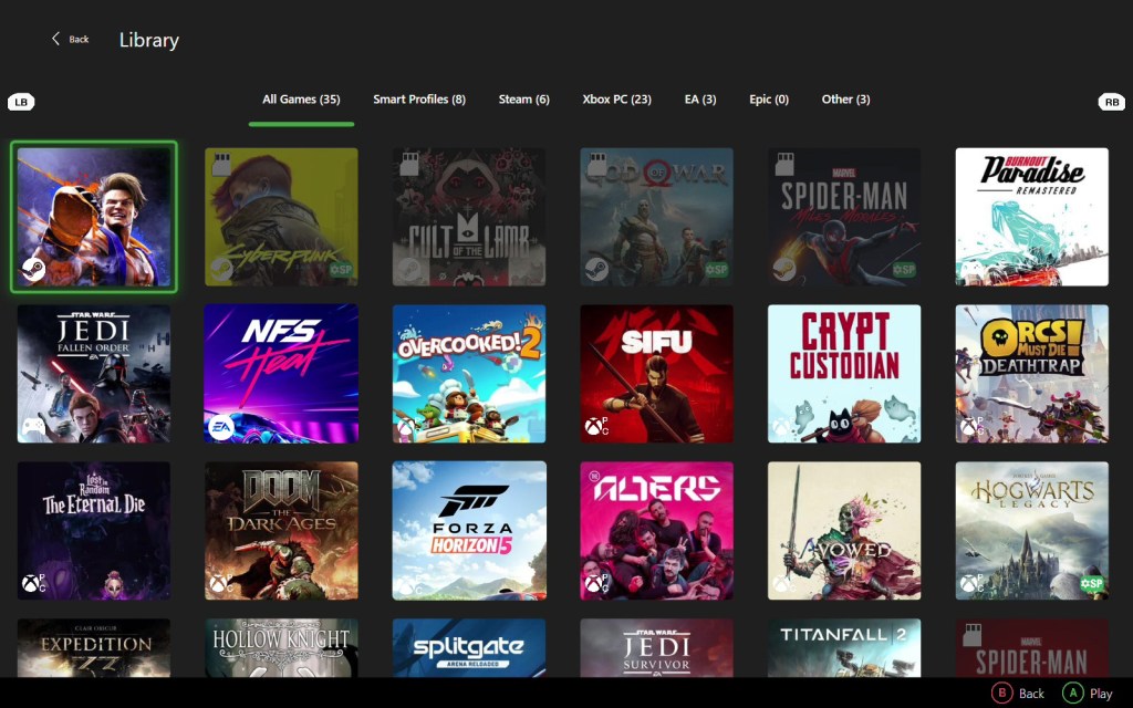 PC handheld game library showing games dimmed or unavailable when the SD card they are installed on is not inserted