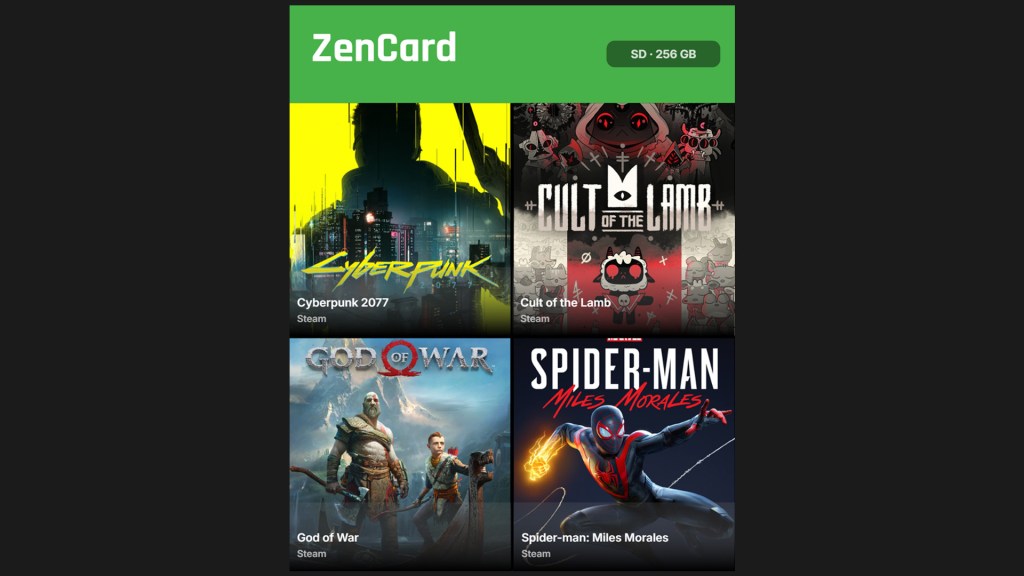 Printable SD card cartridge cover showing a 4-game layout with Cyberpunk 2077, Cult of the Lamb, God of War, and Spider-Man Miles Morales