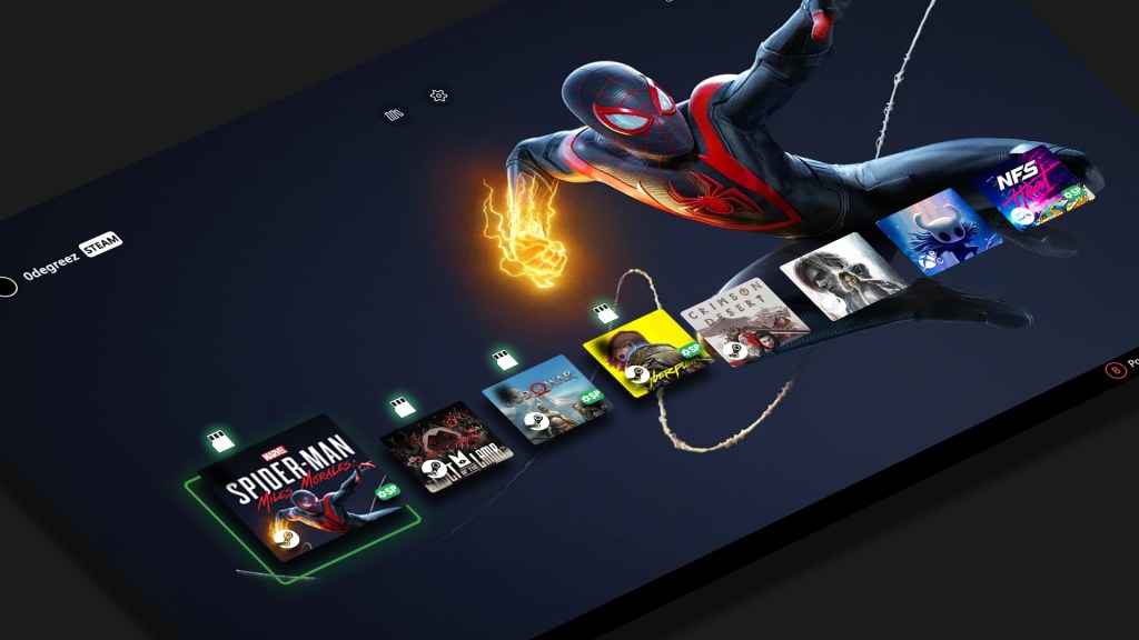 PC handheld launcher UI showing SD card-based game cartridges with icons indicating games stored on the same SD card