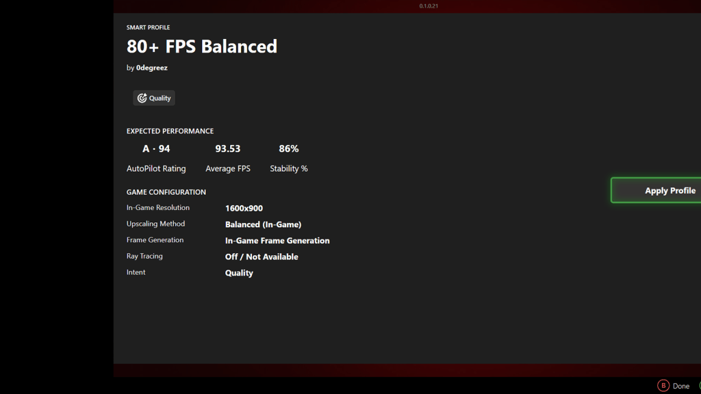 ZenDeck Smart Profile showing AutoPilot Rating 94 with FPS and stability on a PC handheld