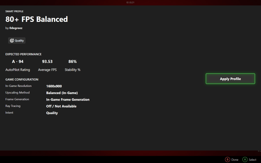 ZenDeck Smart Profile showing AutoPilot Rating 94 with FPS and stability on a PC handheld