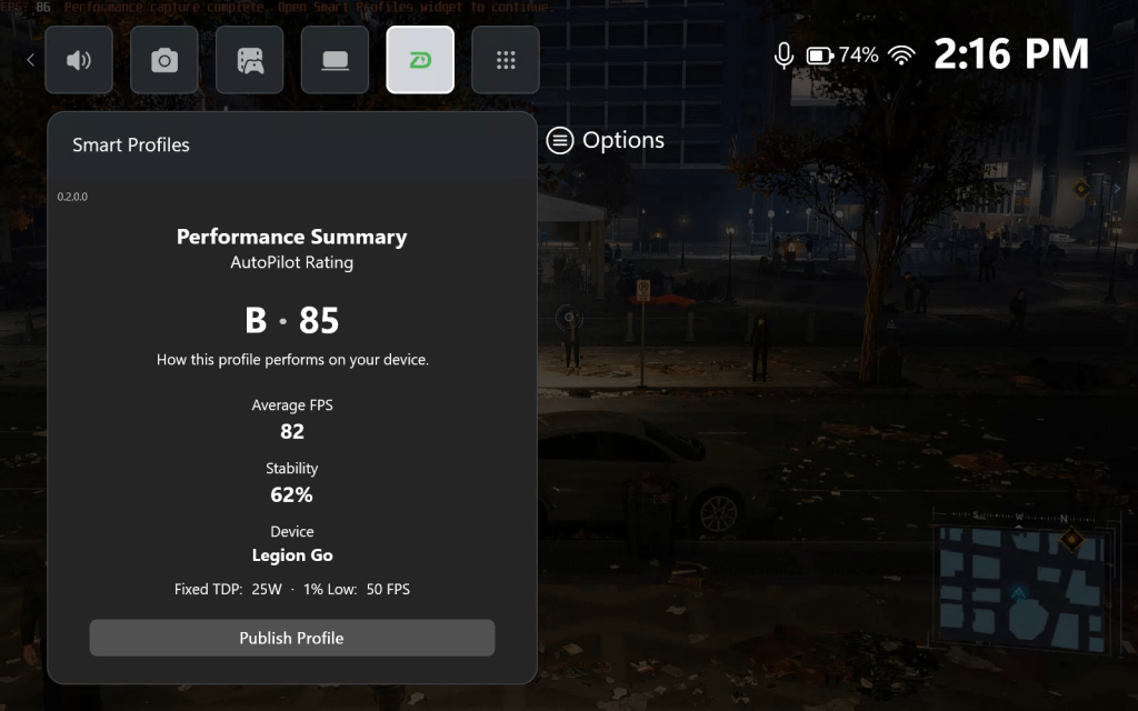 ZenDeck AutoPilot Rating performance summary showing score, FPS and stability for a Smart Profile on a PC handheld