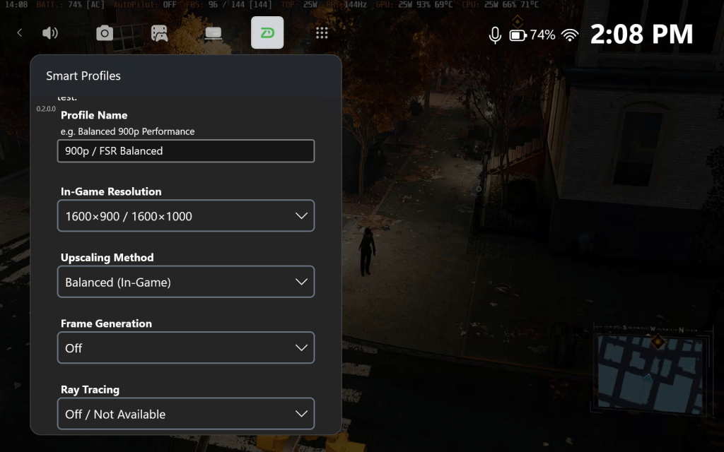 ZenDeck Smart Profiles creation screen showing in-game resolution, upscaling, frame generation and ray tracing settings