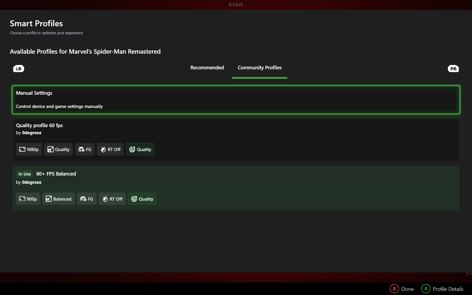 ZenDeck Smart Profiles list showing recommended and community profiles for a game on a PC handheld