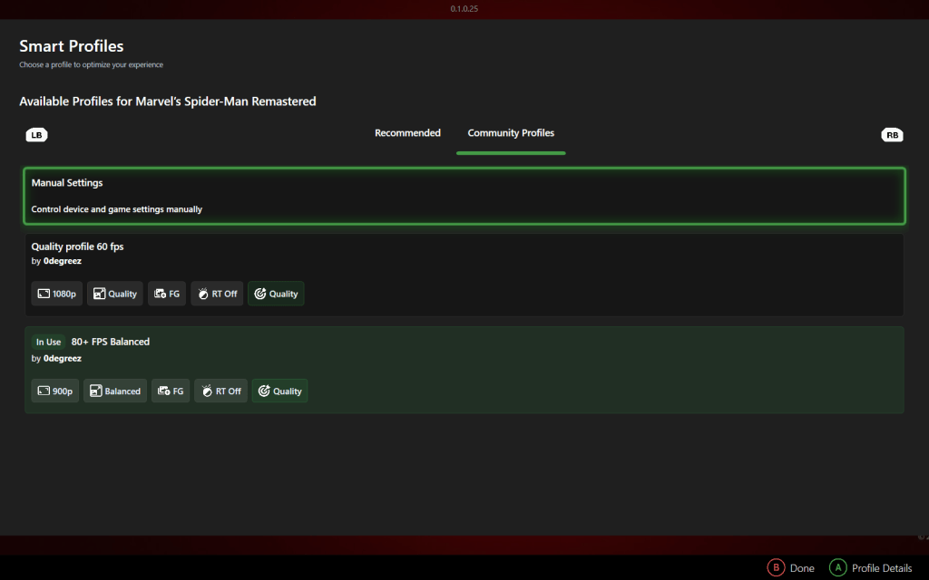 ZenDeck Smart Profiles list showing recommended and community profiles for a game on a PC handheld